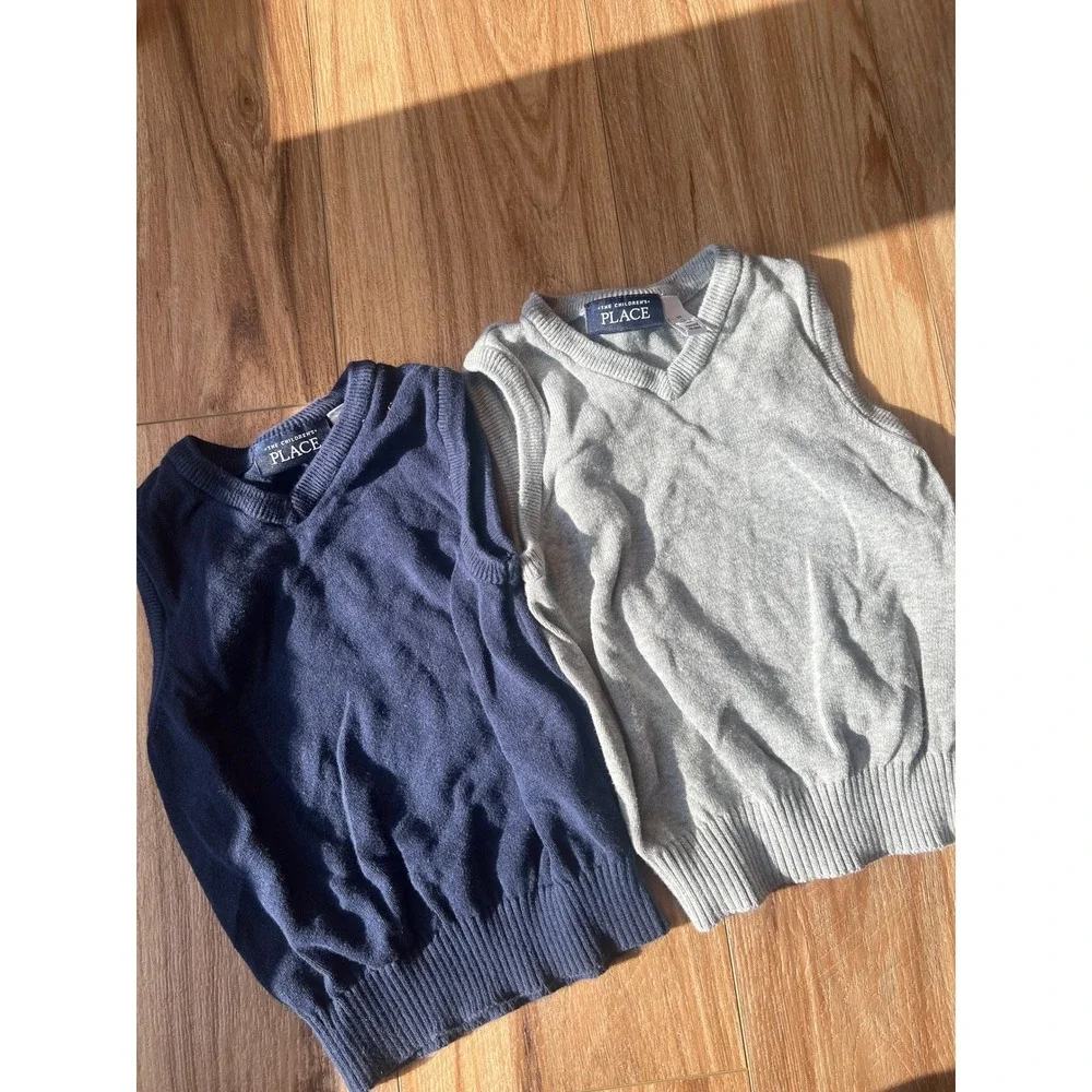 The Childrens Place Sweater Vest 3T Navy Gray 2 Pack Set Lot Cotton V-Neck Knit